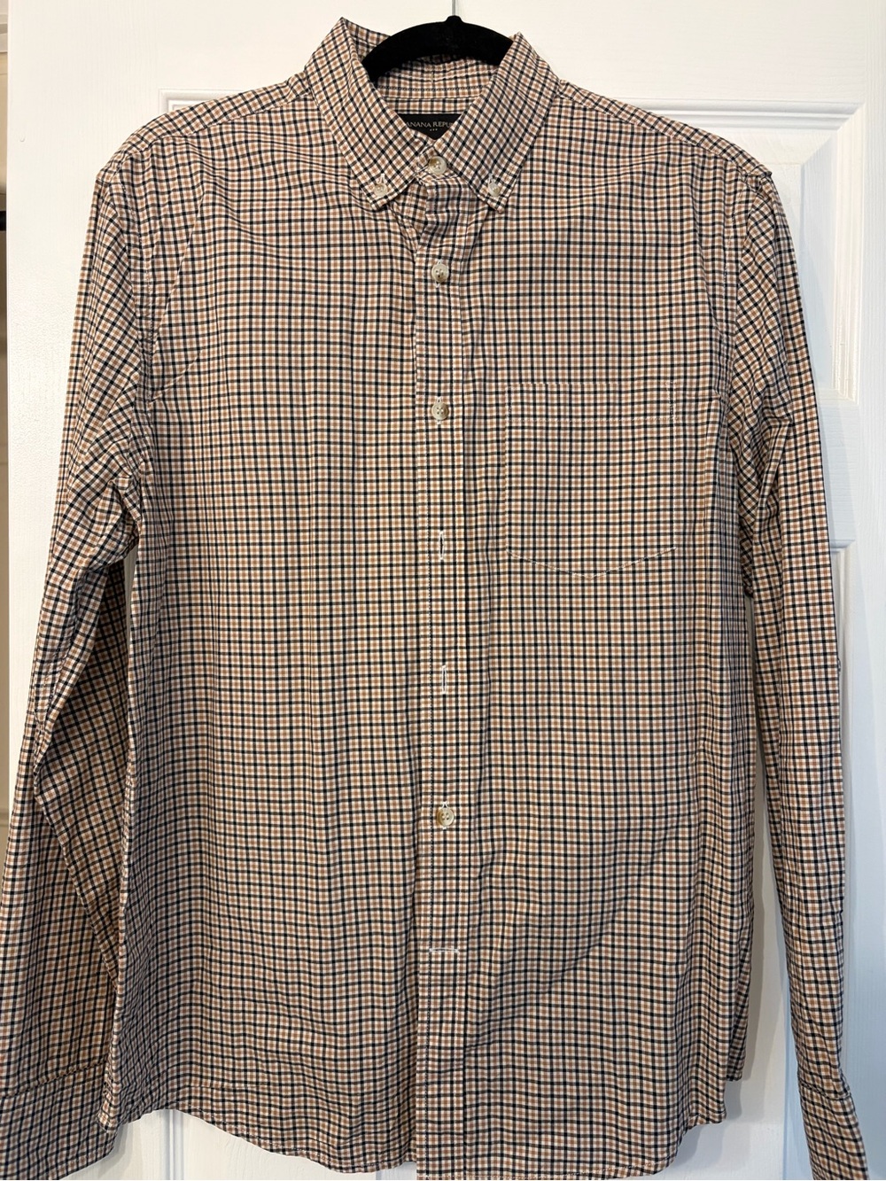 Banana Republic Button-Down Plaid Dress Shirt - Beige/Navy